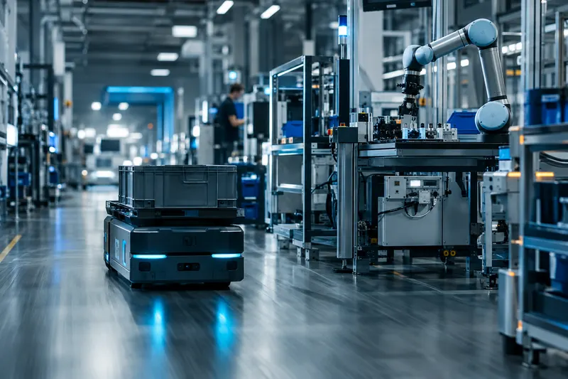 Robot móvil autónomo transportando material en una planta