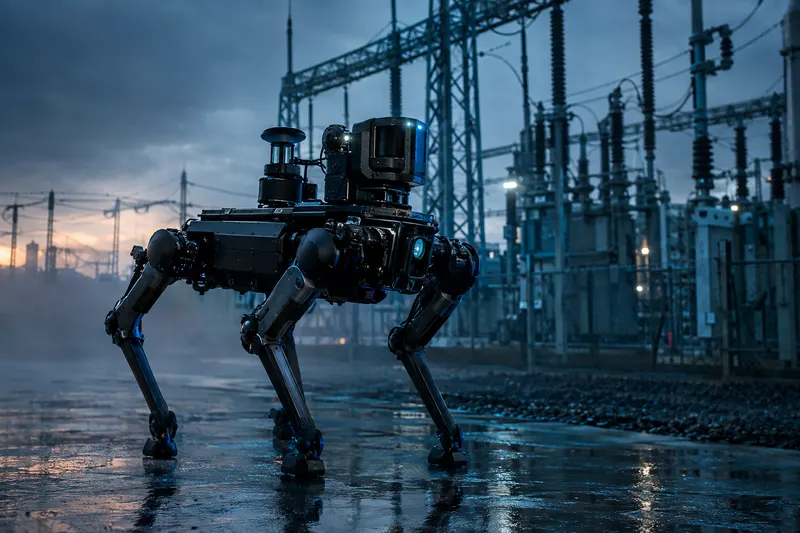 Robot cuadrúpedo inspeccionando una subestación eléctrica